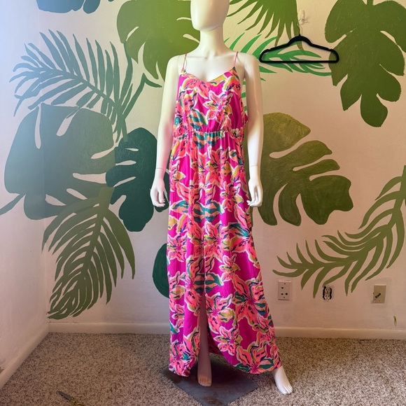 souther frock Dresses & Skirts - Bright Neon Pink Floral Maxi One-Piece Dress with Slit